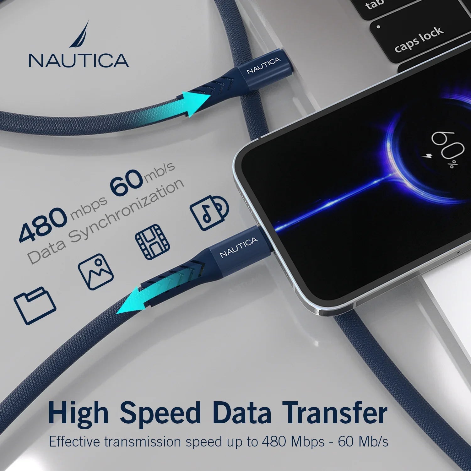 Nautica C30 USB-C to USB-C Cable – 65W Fast Charging & 480Mbps Data for Pixel, Samsung, Apple & More - Technofashion