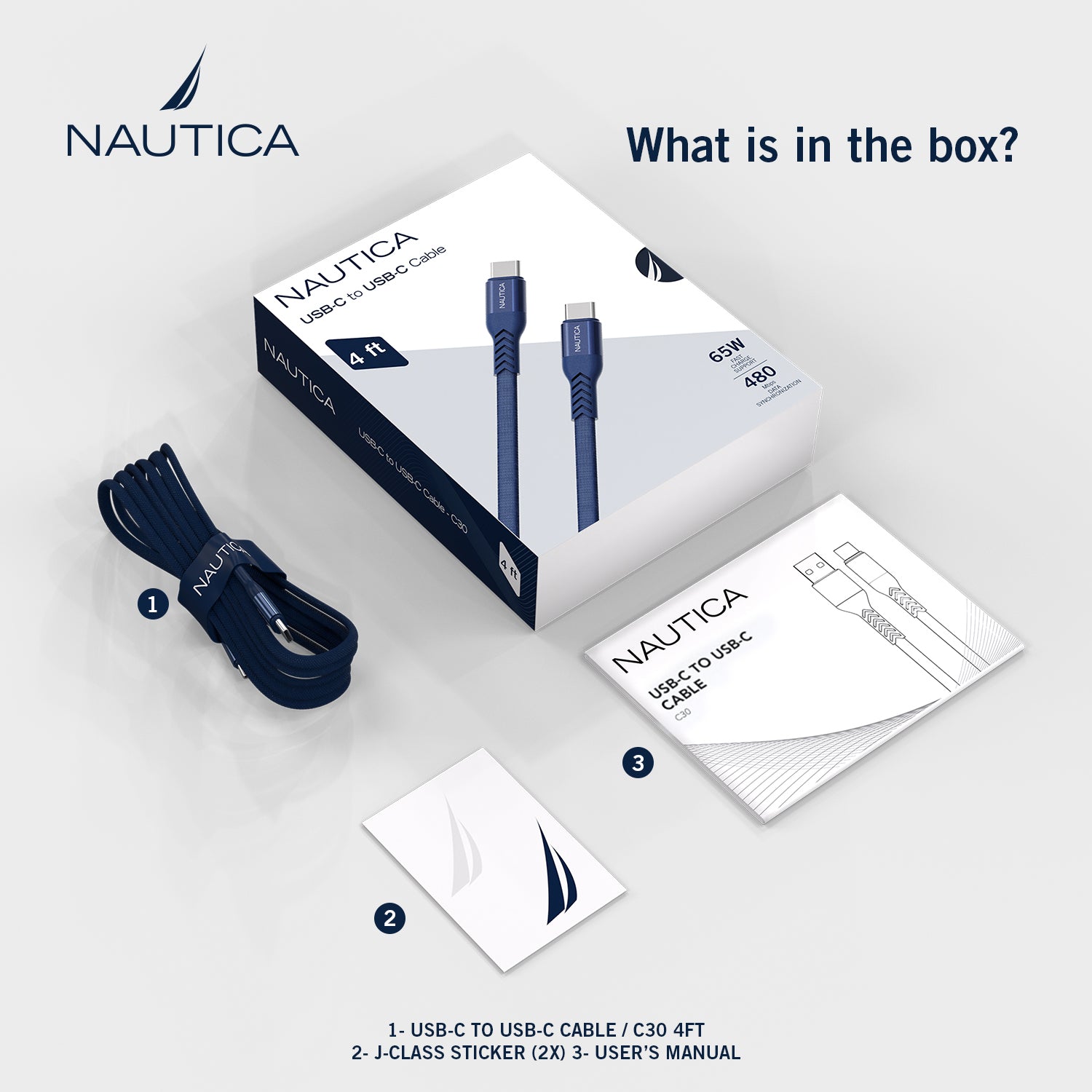 Nautica C30 USB-C to USB-C Cable – 65W Fast Charging & 480Mbps Data for Pixel, Samsung, Apple & More