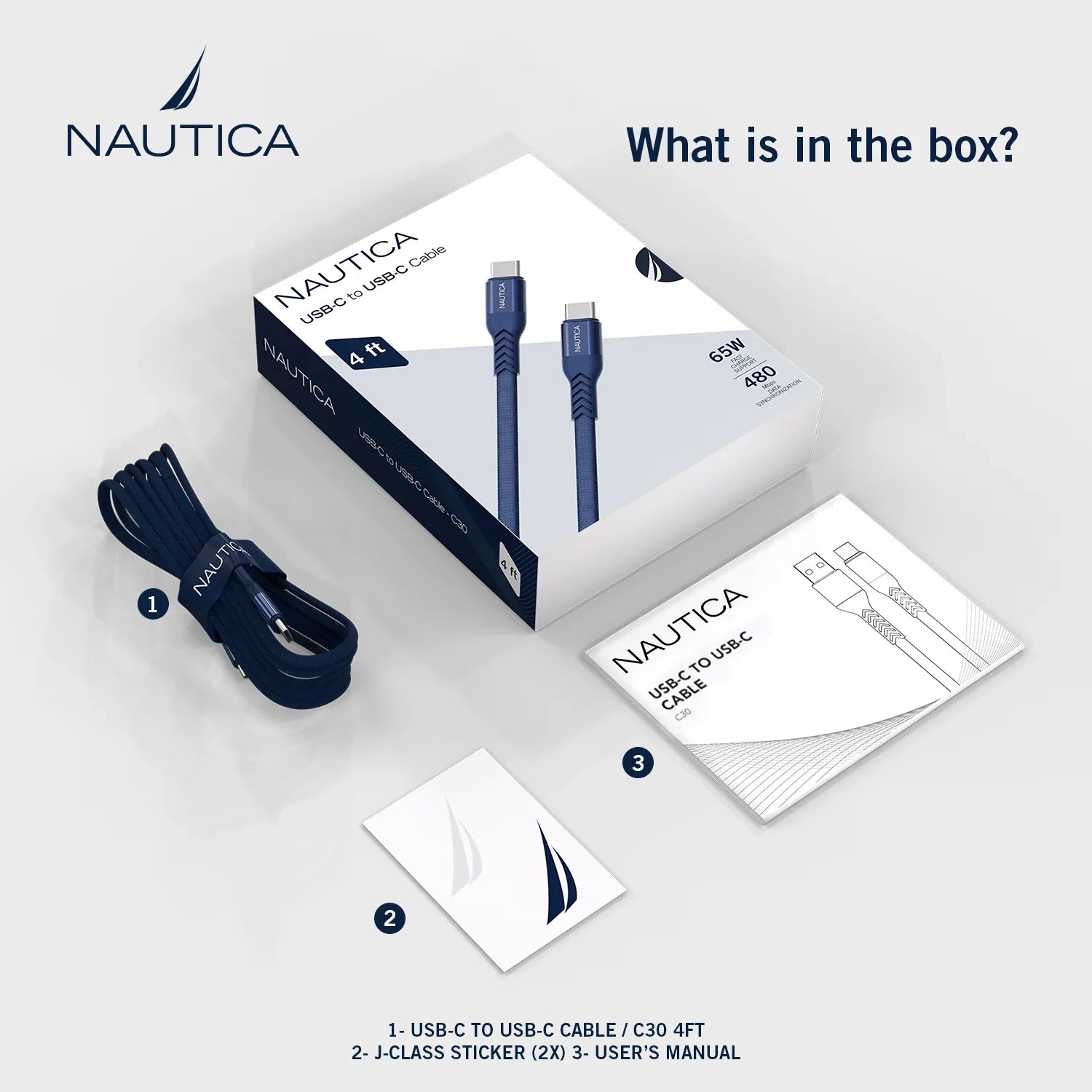Nautica C30 USB-C to USB-C Cable – 65W Fast Charging & 480Mbps Data for Pixel, Samsung, Apple & More - Technofashion