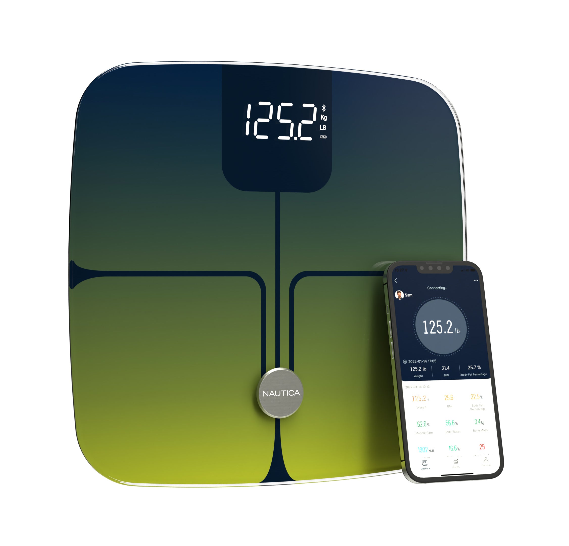 Nautica Body Tracker Plus Digital Scale for Body Weight, Bluetooth-Enabled Smart Scale with BMI, Body Fat, Muscle Mass Tracking & More