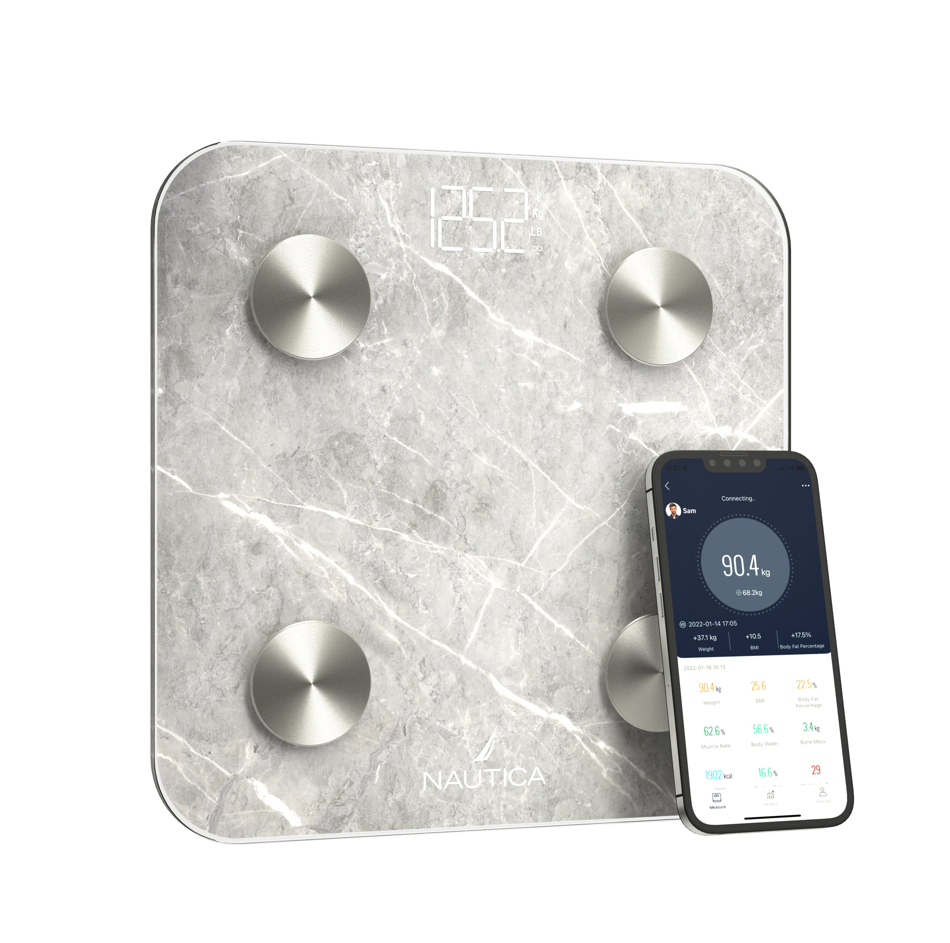 Nautica Body Tracker Smart Scale - 12 Body Metrics, Bluetooth Syncing, Stylish Design, iOS & Android Compatible