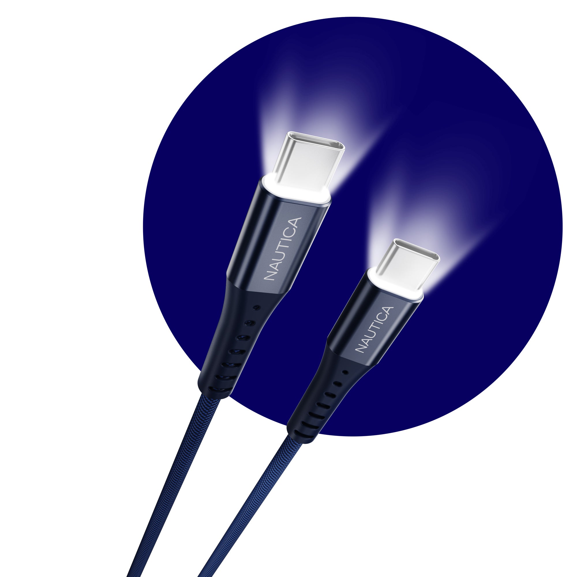 Nautica CB510 USB-C to USB-C Cable with LED Light – 65W Power Delivery, Fast Charging, Data Transfer, Compatible with Apple, Samsung, Google, and More