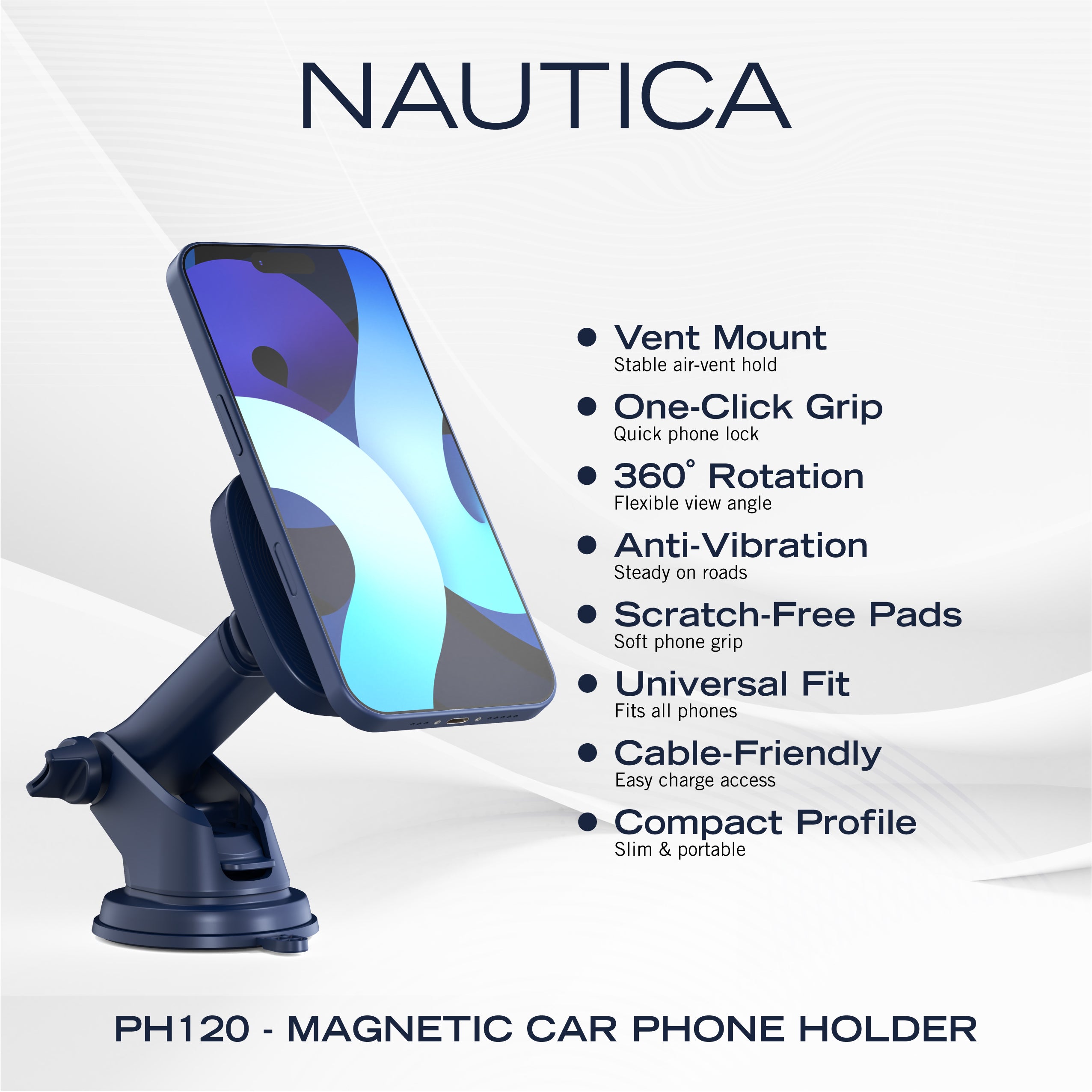 Nautica PH120 Magnetic Phone Holder – 3-in-1 Car Mount for Dashboard, Windshield & Air Vent – Adjustable Distance & Strong Magnetic Grip