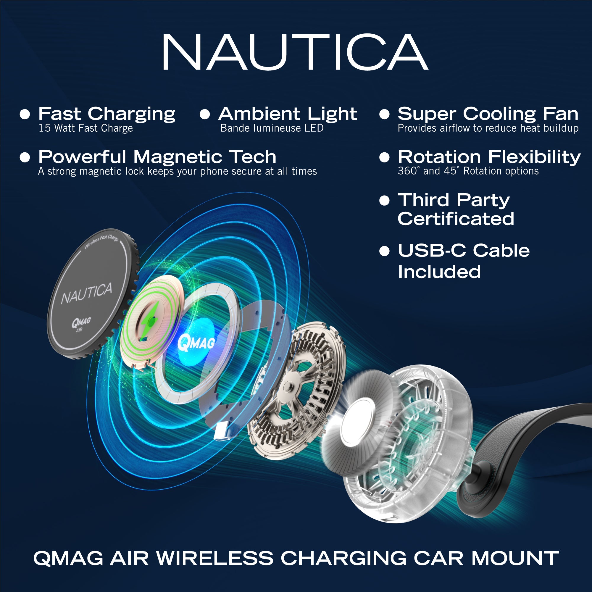 Nautica Turan QMAG Air - Wireless Magnetic Car Charger 15W with Cooling Fan and Ambient Light, Includes 4ft USB C Cable, Universal Phone Mount for iPhone 17, 16, Galaxy S25, S24, Pixel 10 and More