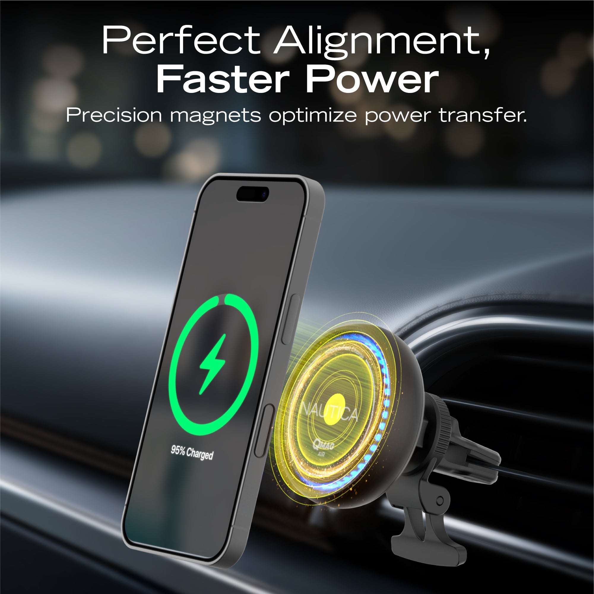 Nautica Turan QMAG Air - Wireless Magnetic Car Charger 15W with Cooling Fan and Ambient Light, Includes 4ft USB C Cable, Universal Phone Mount for iPhone 17, 16, Galaxy S25, S24, Pixel 10 and More
