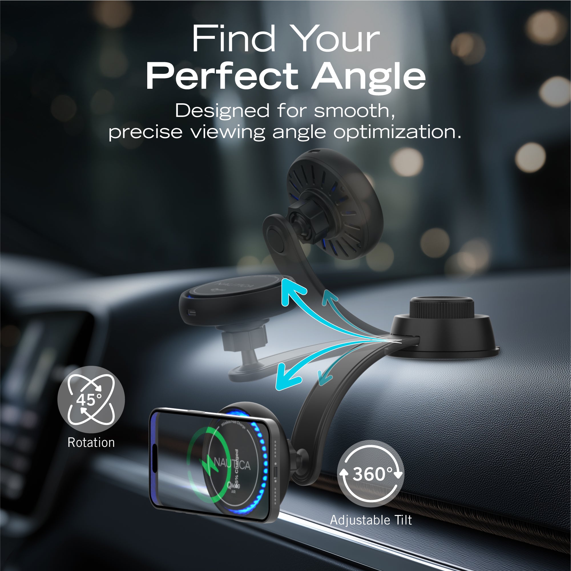 Nautica Turan QMAG Air - Wireless Magnetic Car Charger 15W with Cooling Fan and Ambient Light, Includes 4ft USB C Cable, Universal Phone Mount for iPhone 17, 16, Galaxy S25, S24, Pixel 10 and More