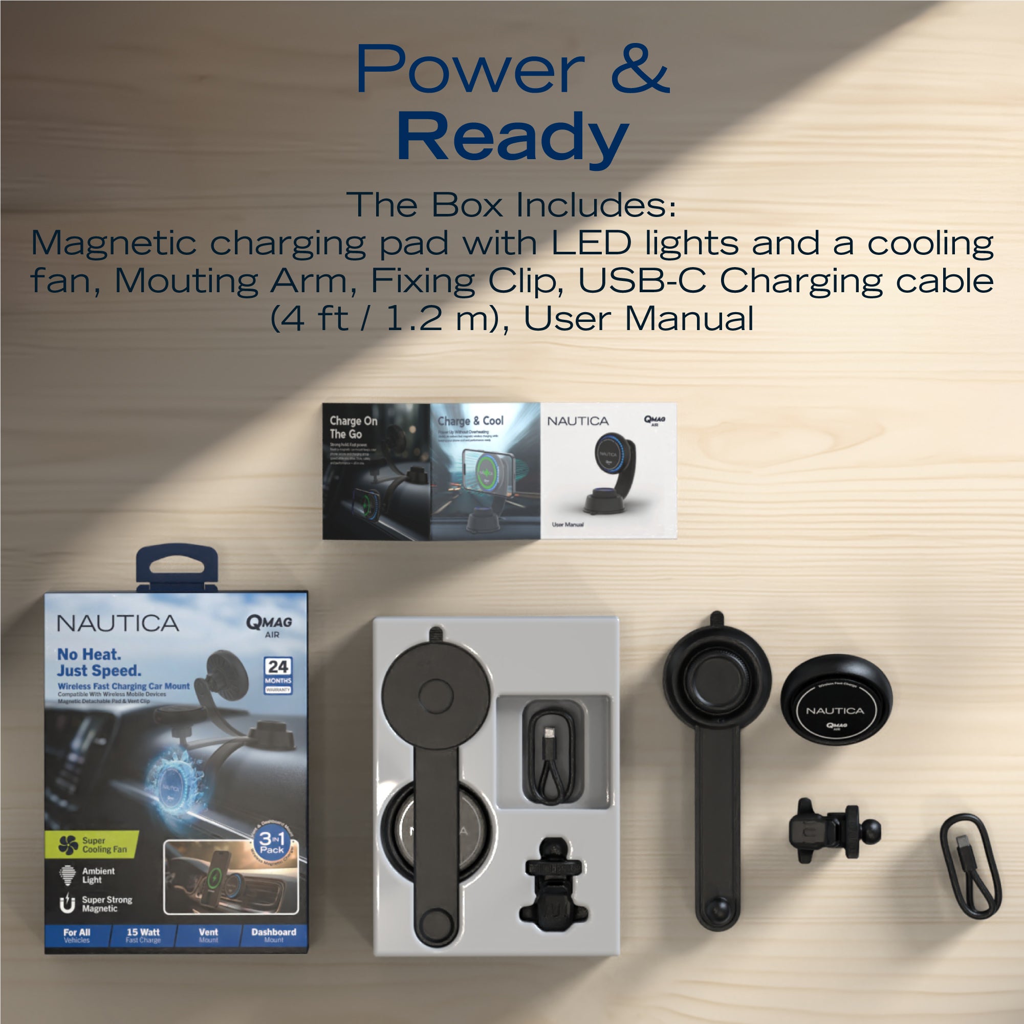 Nautica Turan QMAG Air - Wireless Magnetic Car Charger 15W with Cooling Fan and Ambient Light, Includes 4ft USB C Cable, Universal Phone Mount for iPhone 17, 16, Galaxy S25, S24, Pixel 10 and More