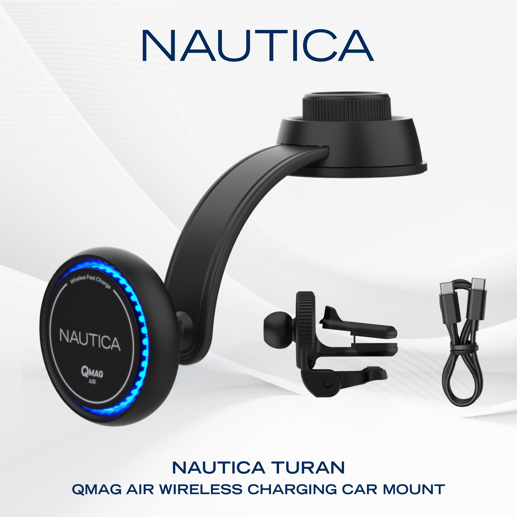 Nautica Turan QMAG Air - Wireless Magnetic Car Charger 15W with Cooling Fan and Ambient Light, Includes 4ft USB C Cable, Universal Phone Mount for iPhone 17, 16, Galaxy S25, S24, Pixel 10 and More - Technofashion