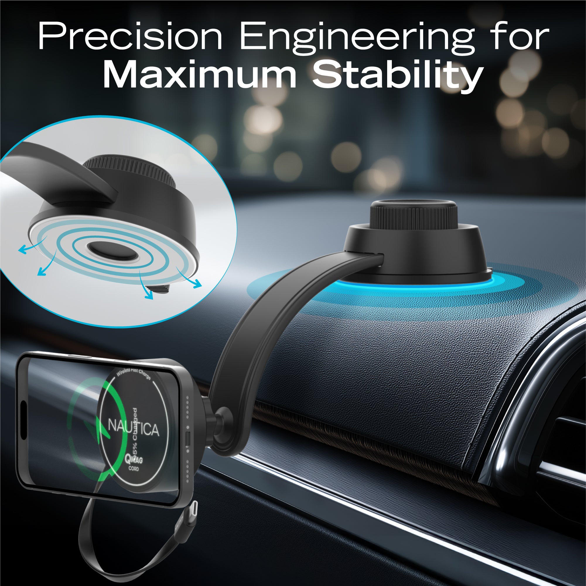 Nautica Turan QMAG Cord - Wireless Magnetic Car Charger 15W with Built-in Retractable USB-C Cable, Universal Fast Charging Phone Mount, Dashboard & Vent Mount for iPhone 17, Galaxy S25, Pixel 10 - Technofashion