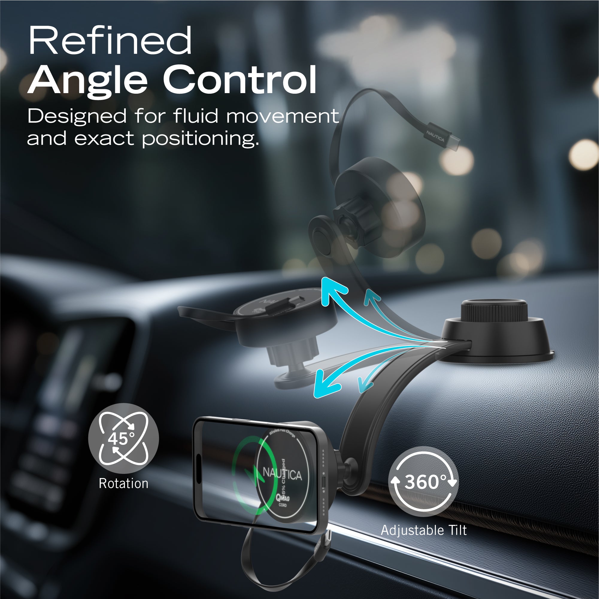 Nautica Turan QMAG Cord - Wireless Magnetic Car Charger 15W with Built-in Retractable USB-C Cable, Universal Fast Charging Phone Mount, Dashboard & Vent Mount for iPhone 17, Galaxy S25, Pixel 10 - Technofashion