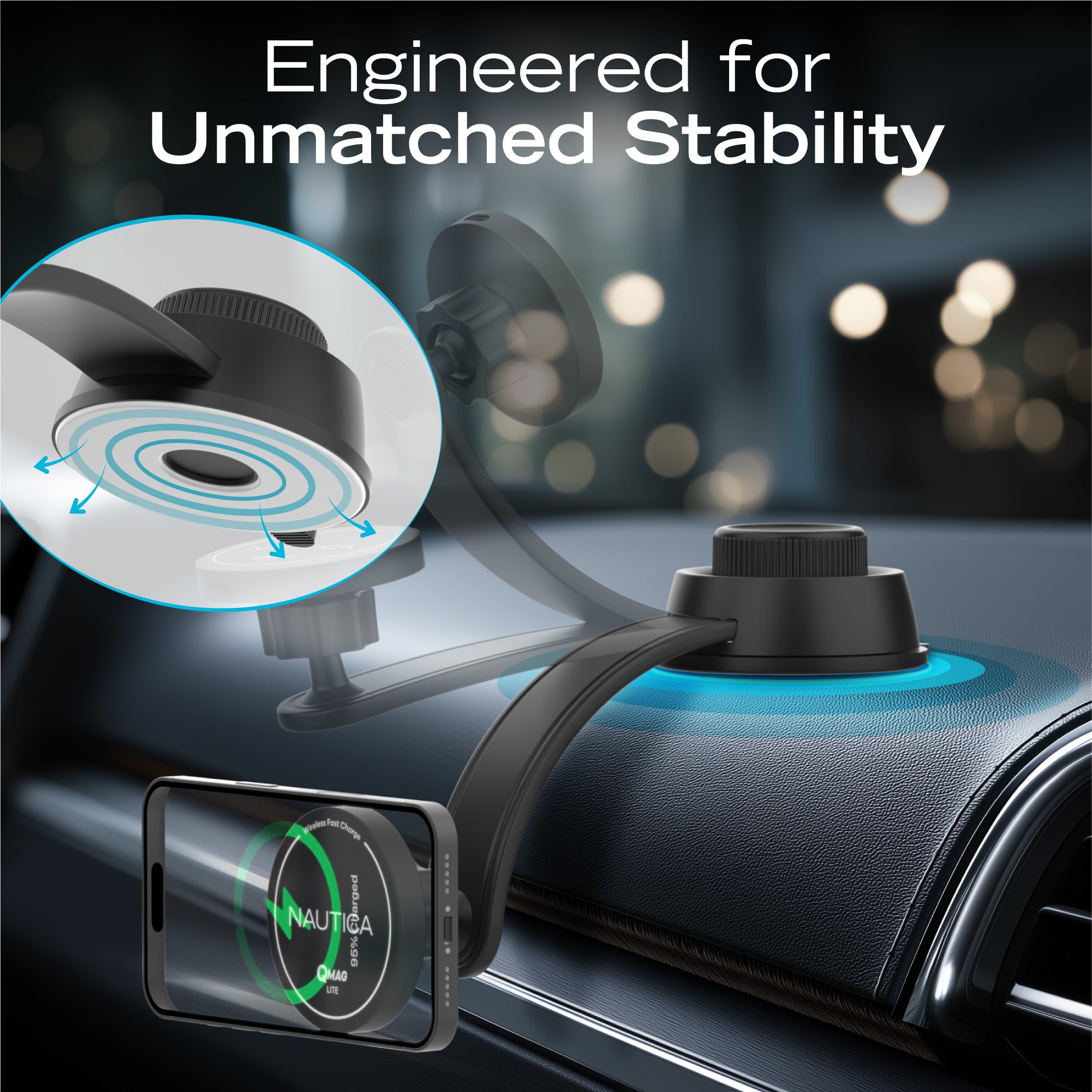 Nautica Turan QMAG Lite Wireless Magnetic Car Charger 15W, Universal Fast Charging Phone Mount, Dashboard & Vent Mount, 360° Rotation for iPhone 17, Galaxy S25, Pixel 10 & More Travel Accessories