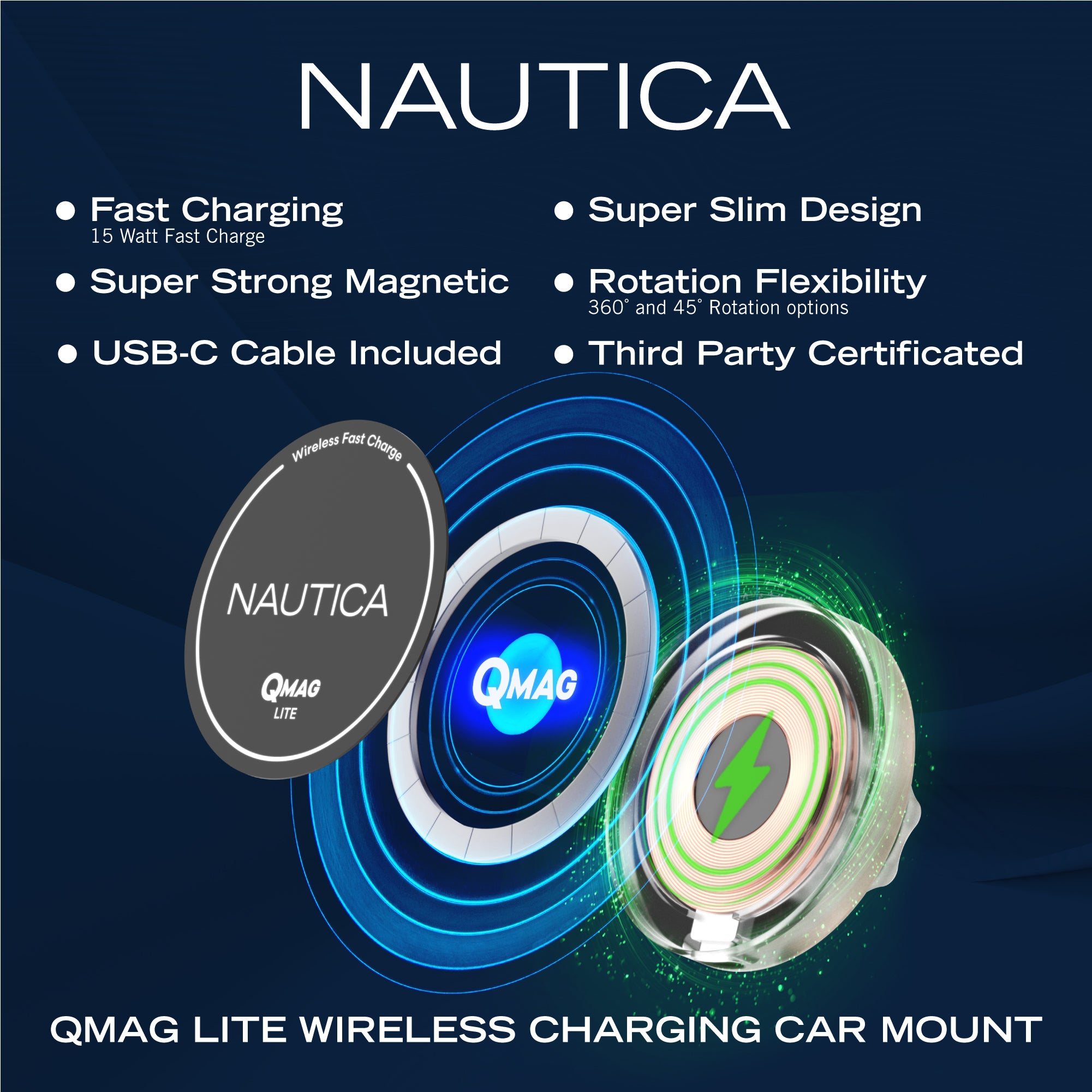Nautica Turan QMAG Lite Wireless Magnetic Car Charger 15W, Universal Fast Charging Phone Mount, Dashboard & Vent Mount, 360° Rotation for iPhone 17, Galaxy S25, Pixel 10 & More Travel Accessories