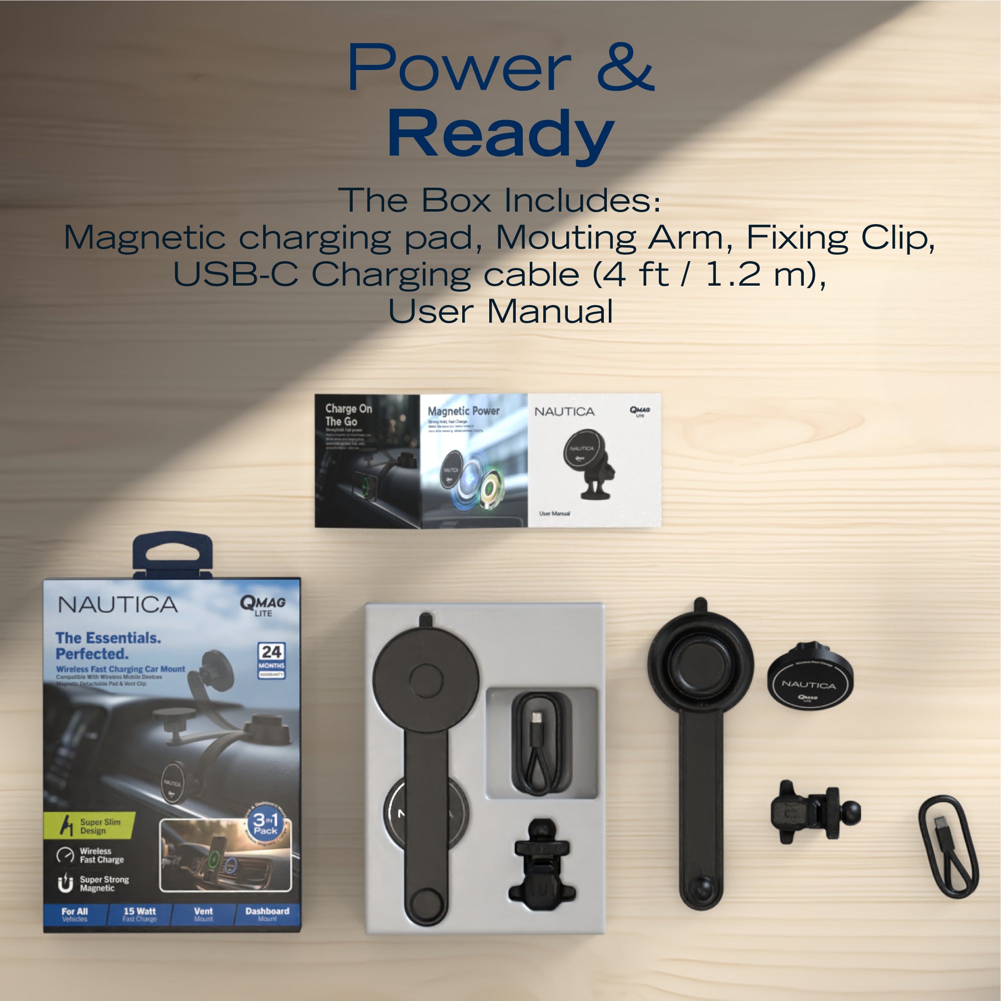 Nautica Turan QMAG Lite Wireless Magnetic Car Charger 15W, Universal Fast Charging Phone Mount, Dashboard & Vent Mount, 360° Rotation for iPhone 17, Galaxy S25, Pixel 10 & More Travel Accessories - Technofashion