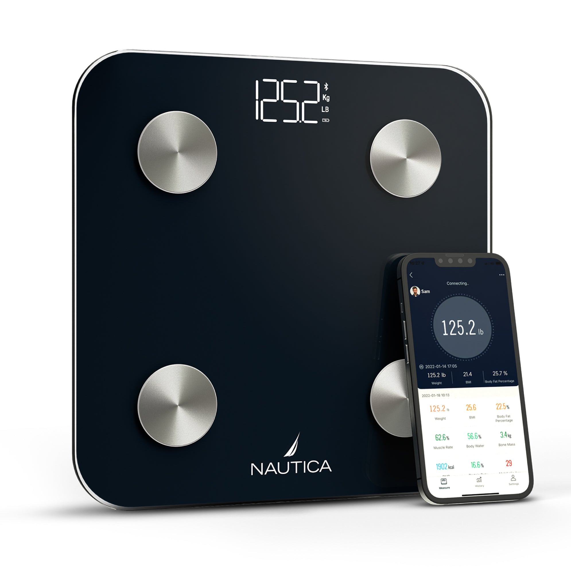 Nautica Body Tracker Smart Scale - 12 Body Metrics, Bluetooth Syncing, Stylish Design, iOS & Android Compatible
