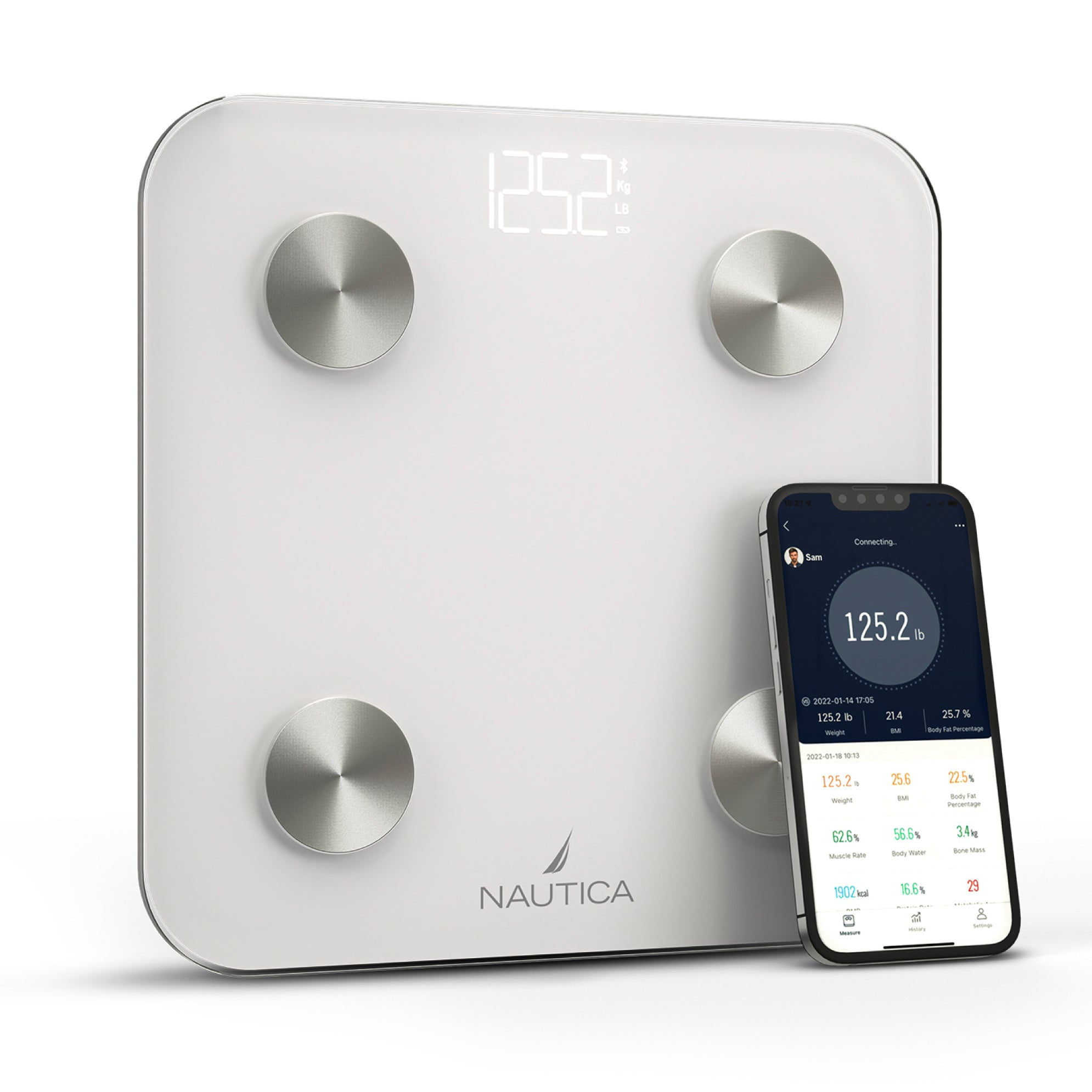 Nautica Body Tracker Smart Scale - 12 Body Metrics, Bluetooth Syncing, Stylish Design, iOS & Android Compatible