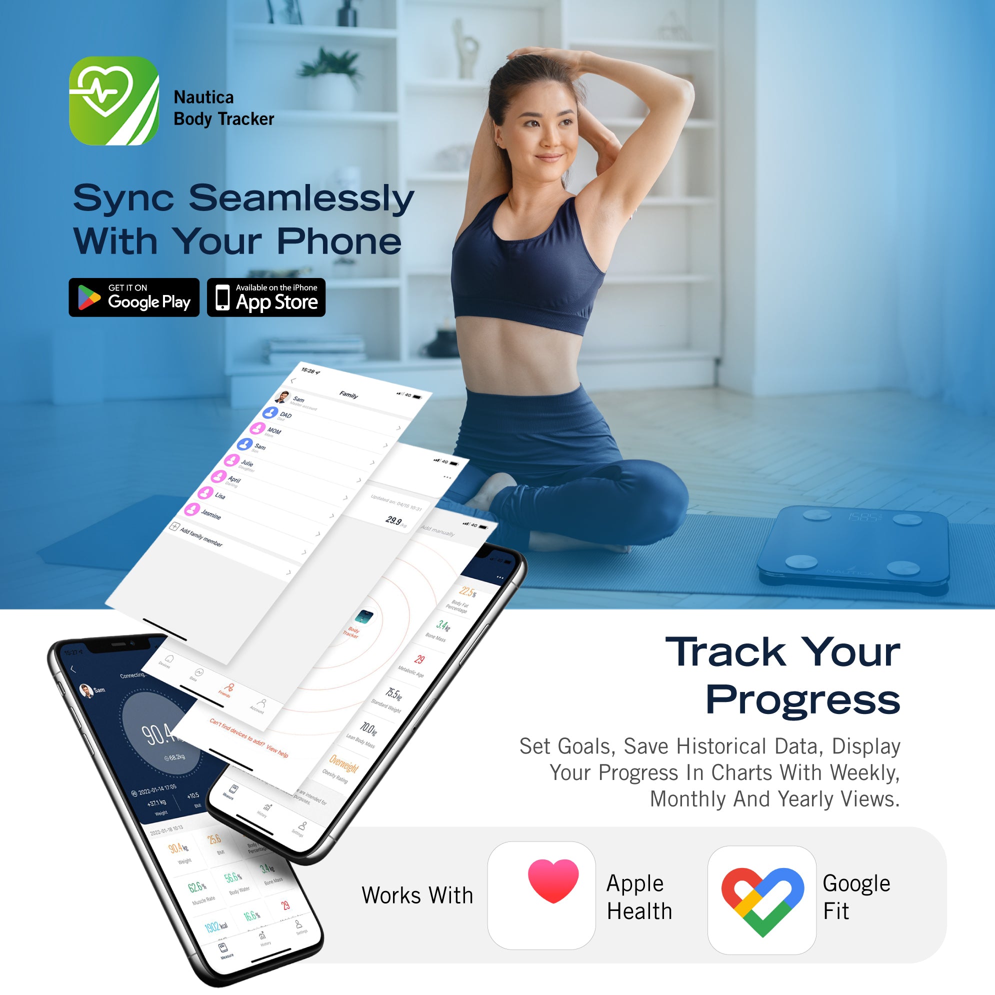 Nautica Body Tracker Smart Scale - 12 Body Metrics, Bluetooth Syncing, Stylish Design, iOS & Android Compatible