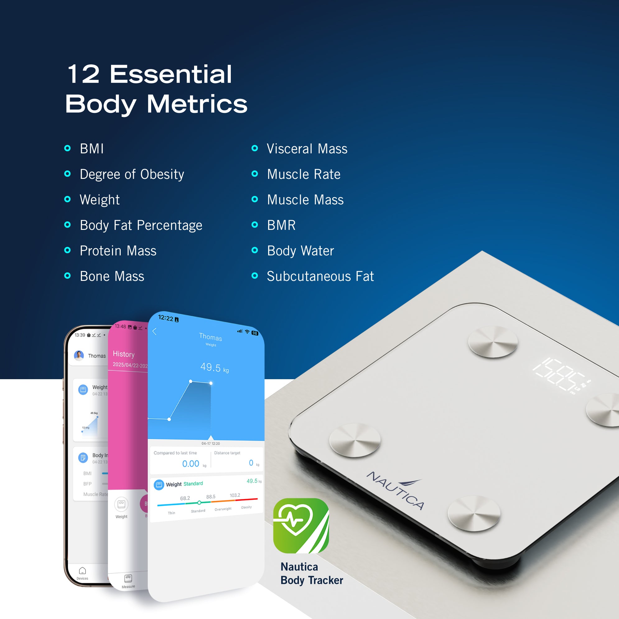 Nautica Body Tracker Smart Scale - 12 Body Metrics, Bluetooth Syncing, Stylish Design, iOS & Android Compatible