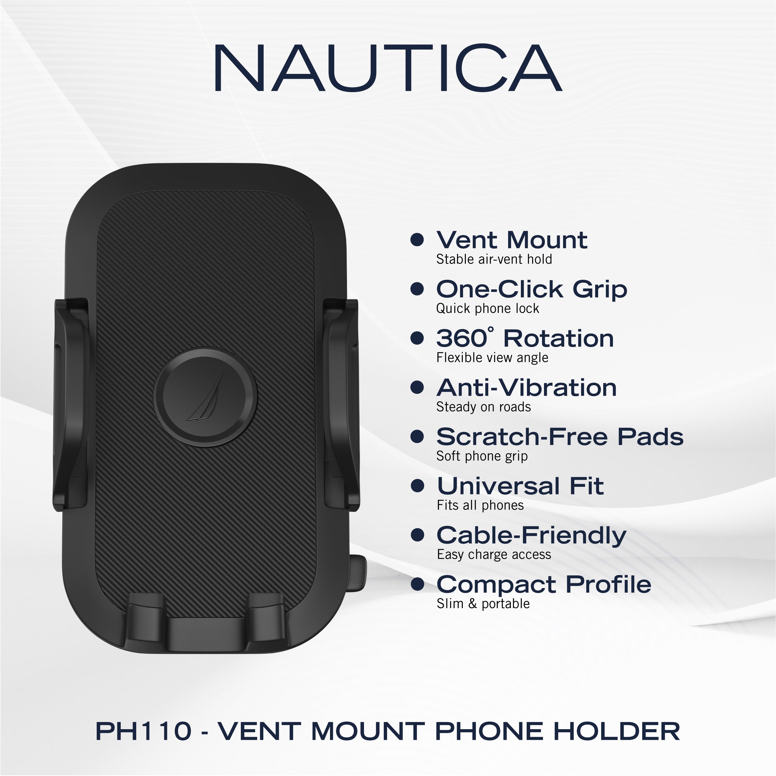 Nautica PH110 Universal Car Vent Phone Holder for iPhone, Android, Samsung, Google & Huawei, Clip-On Car Vent Phone Mount with 360° Rotation