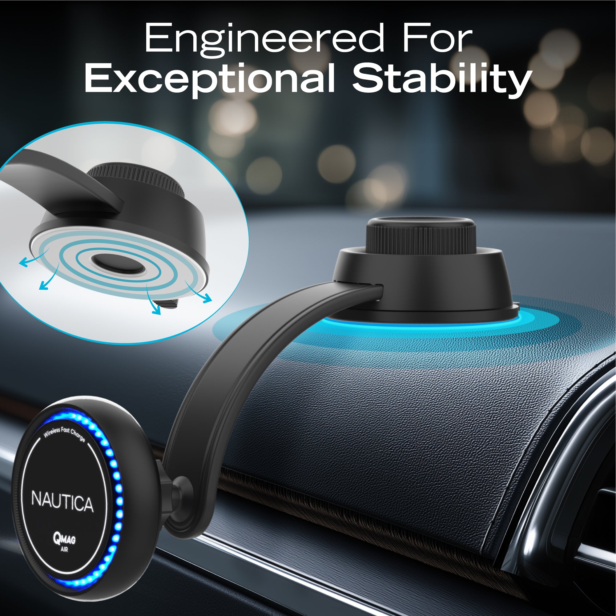 Nautica Turan QMAG Air - Wireless Magnetic Car Charger 15W with Cooling Fan and Ambient Light, Includes 4ft USB C Cable, Universal Phone Mount for iPhone 17, 16, Galaxy S25, S24, Pixel 10 and More