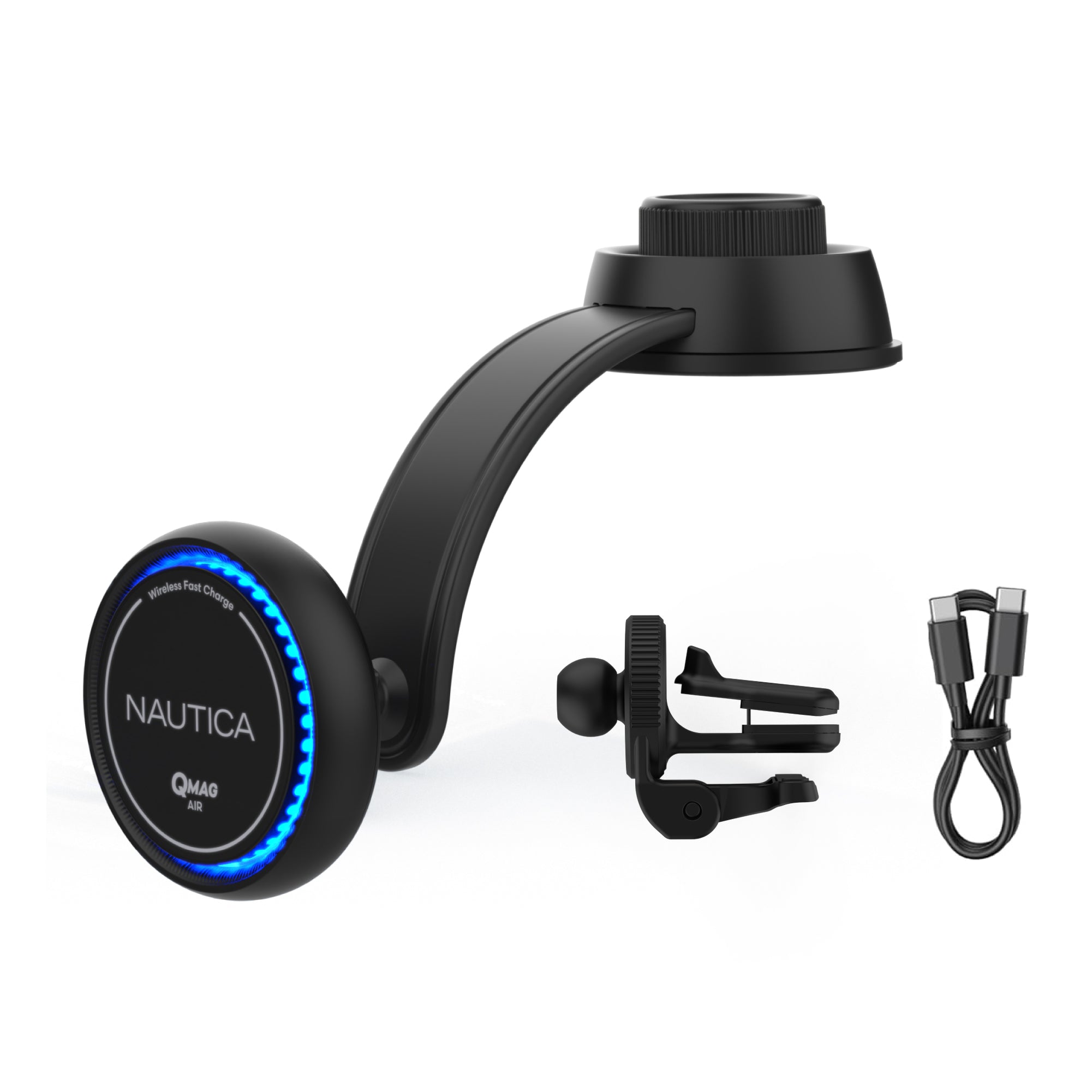 Nautica Turan QMAG Air - Wireless Magnetic Car Charger 15W with Cooling Fan and Ambient Light, Includes 4ft USB C Cable, Universal Phone Mount for iPhone 17, 16, Galaxy S25, S24, Pixel 10 and More