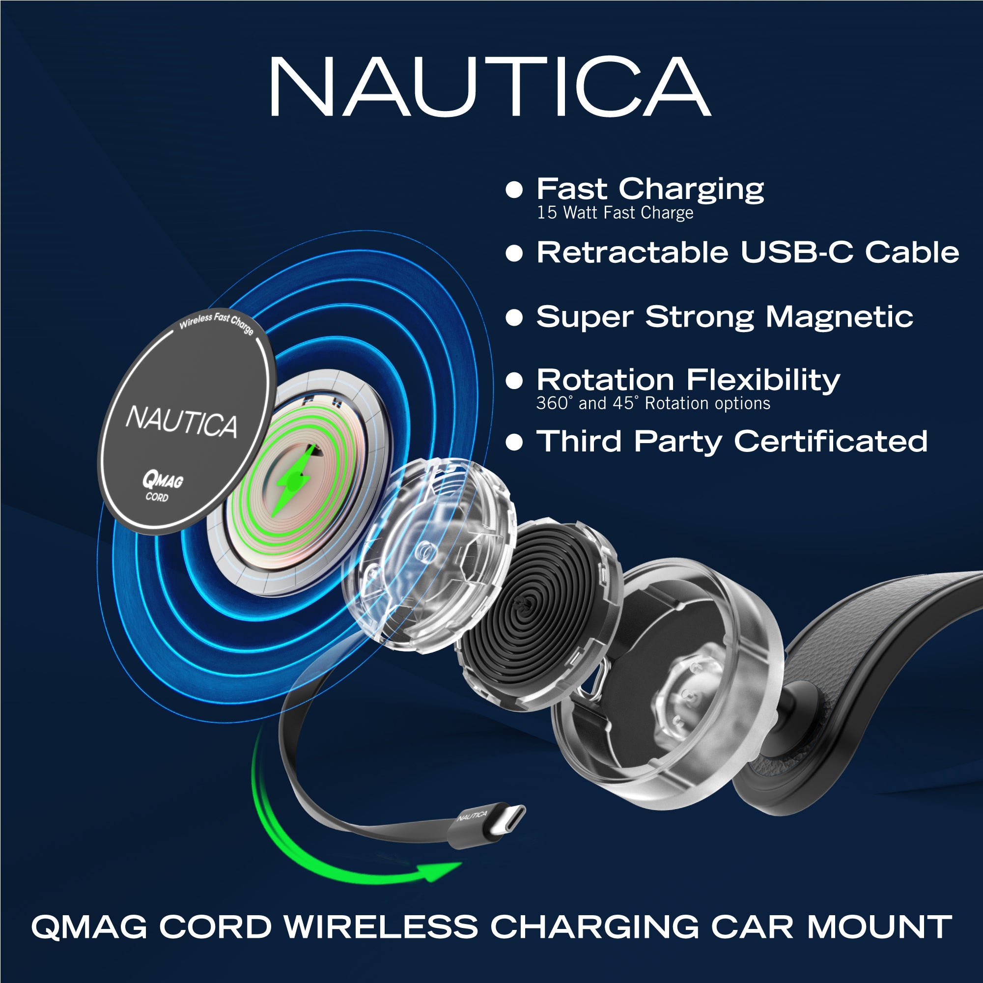 Nautica Turan QMAG Cord - Wireless Magnetic Car Charger 15W with Built-in Retractable USB-C Cable, Universal Fast Charging Phone Mount, Dashboard & Vent Mount for iPhone 17, Galaxy S25, Pixel 10