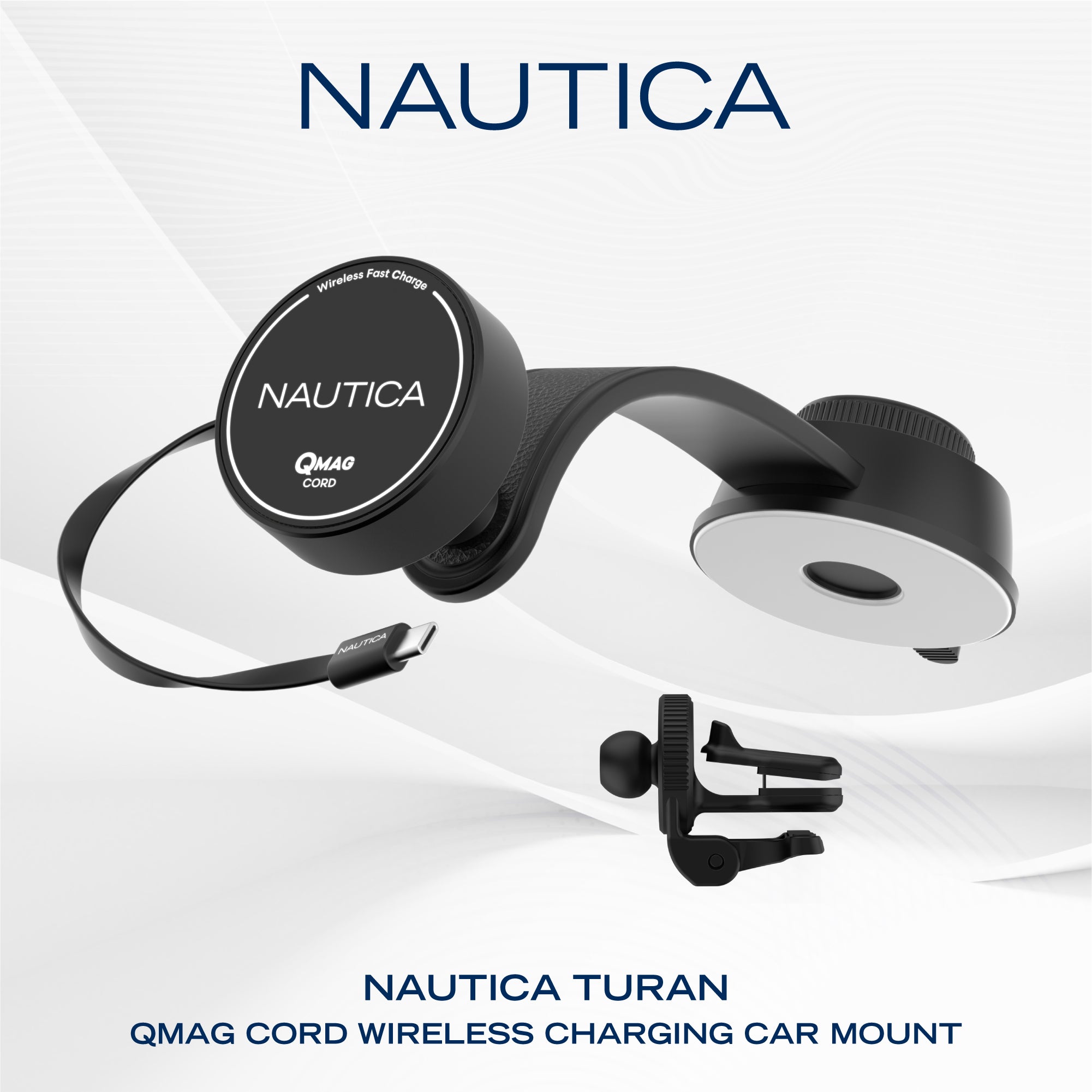 Nautica Turan QMAG Cord - Wireless Magnetic Car Charger 15W with Built-in Retractable USB-C Cable, Universal Fast Charging Phone Mount, Dashboard & Vent Mount for iPhone 17, Galaxy S25, Pixel 10