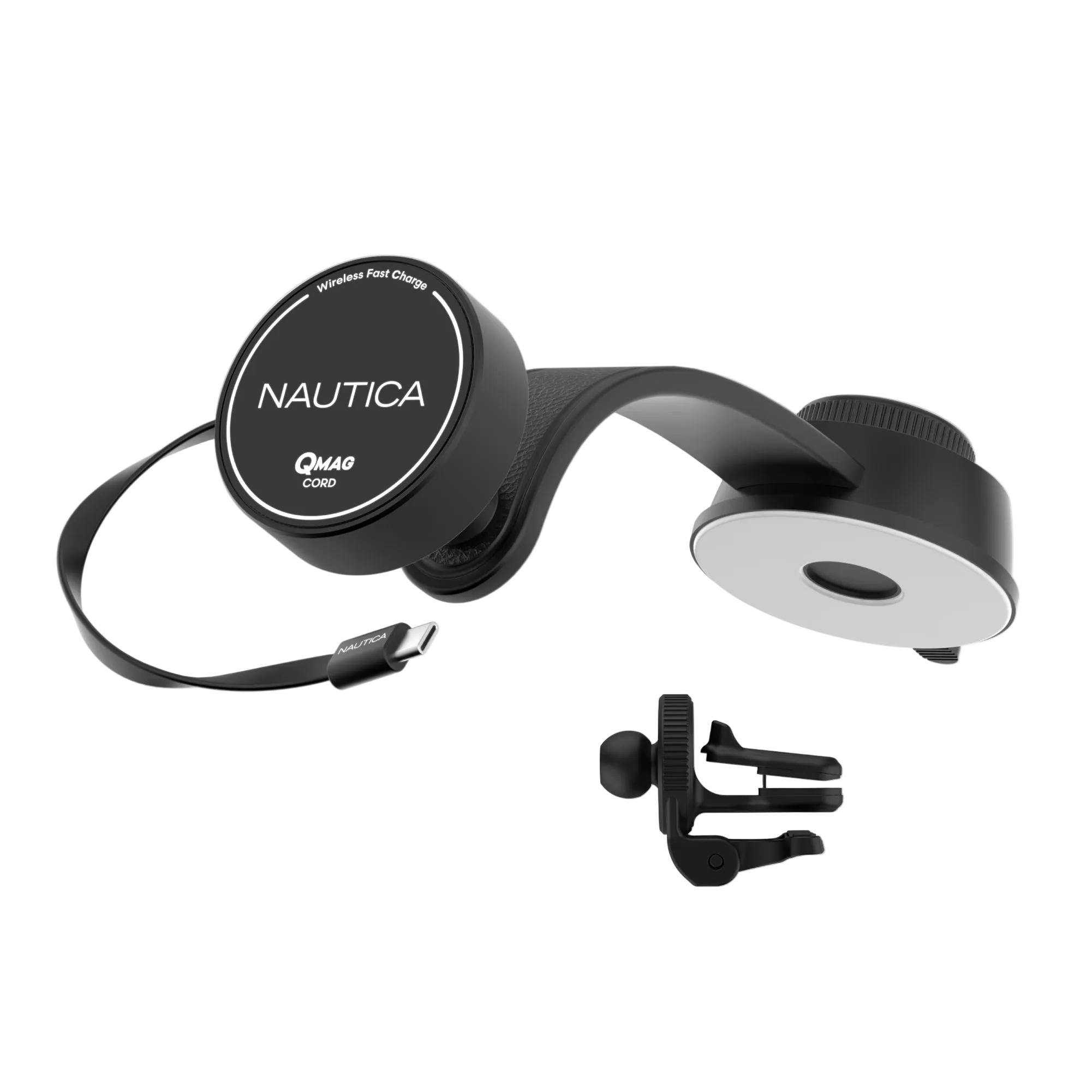 Nautica Turan QMAG Cord - Wireless Magnetic Car Charger 15W with Built-in Retractable USB-C Cable, Universal Fast Charging Phone Mount, Dashboard & Vent Mount for iPhone 17, Galaxy S25, Pixel 10