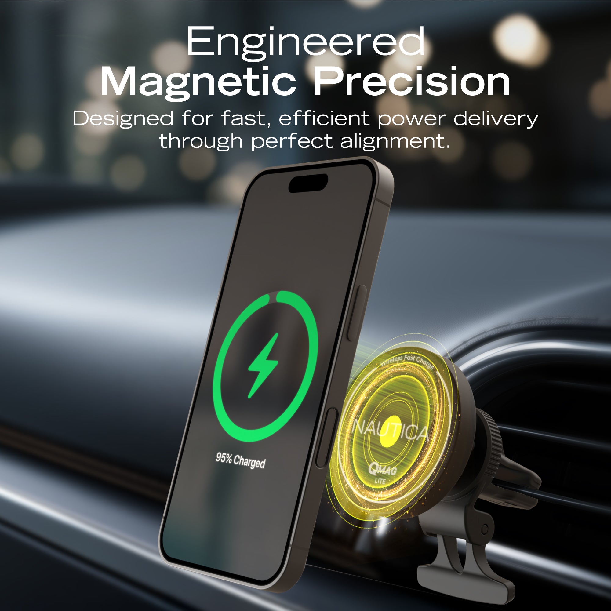 Nautica Turan QMAG Lite Wireless Magnetic Car Charger 15W, Universal Fast Charging Phone Mount, Dashboard & Vent Mount, 360° Rotation for iPhone 17, Galaxy S25, Pixel 10 & More Travel Accessories