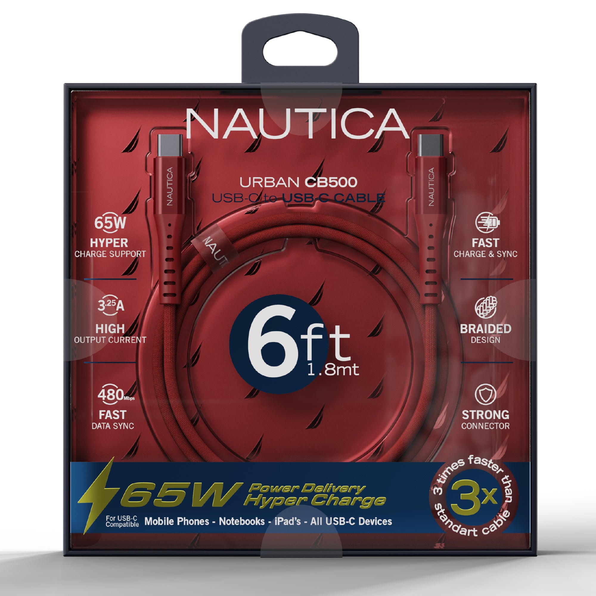 Nautica CB500 USB-C To USB-C Braided Cable - 65W Power Delivery