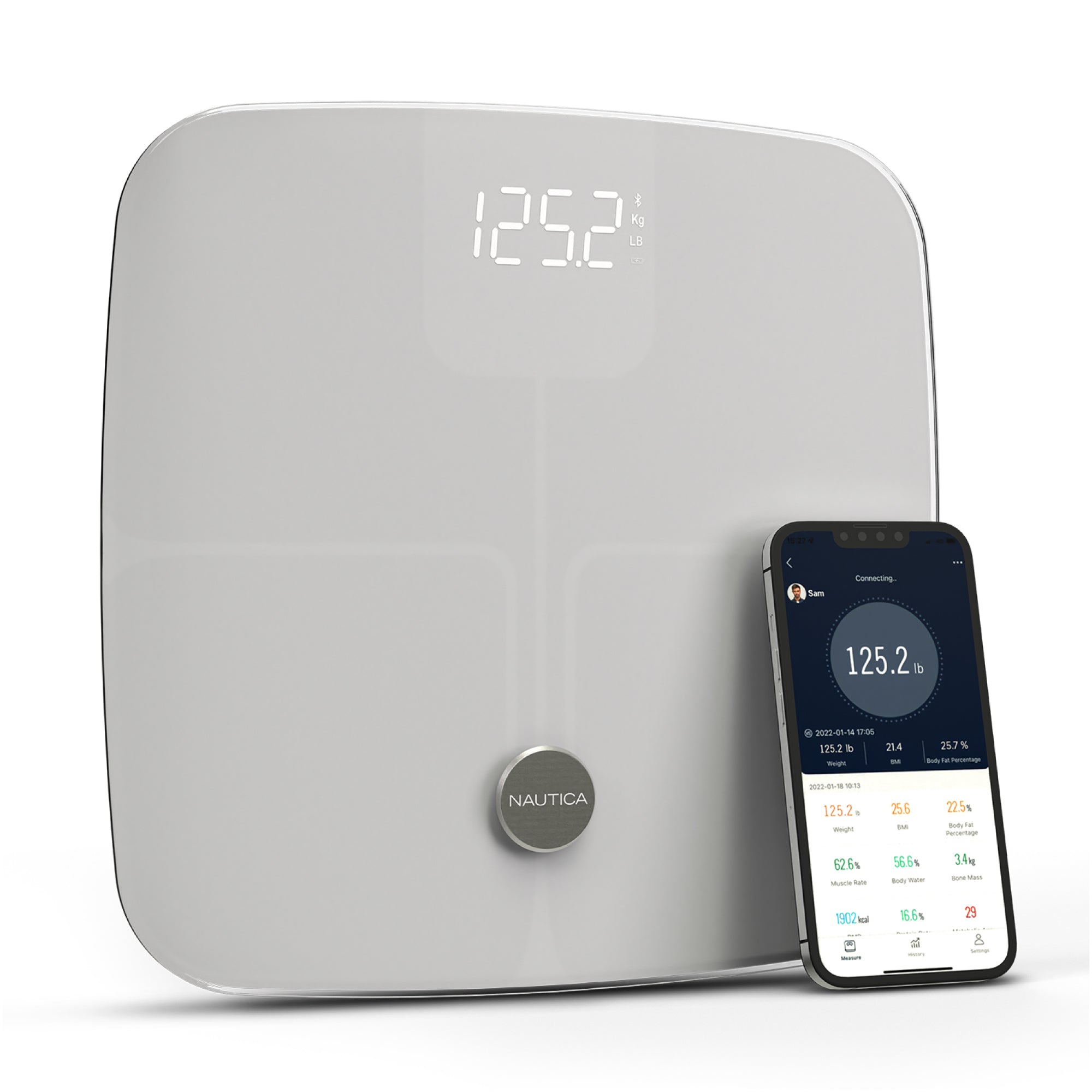 Nautica Body Tracker Plus Digital Scale for Body Weight, Bluetooth-Enabled Smart Scale with BMI, Body Fat, Muscle Mass Tracking & More