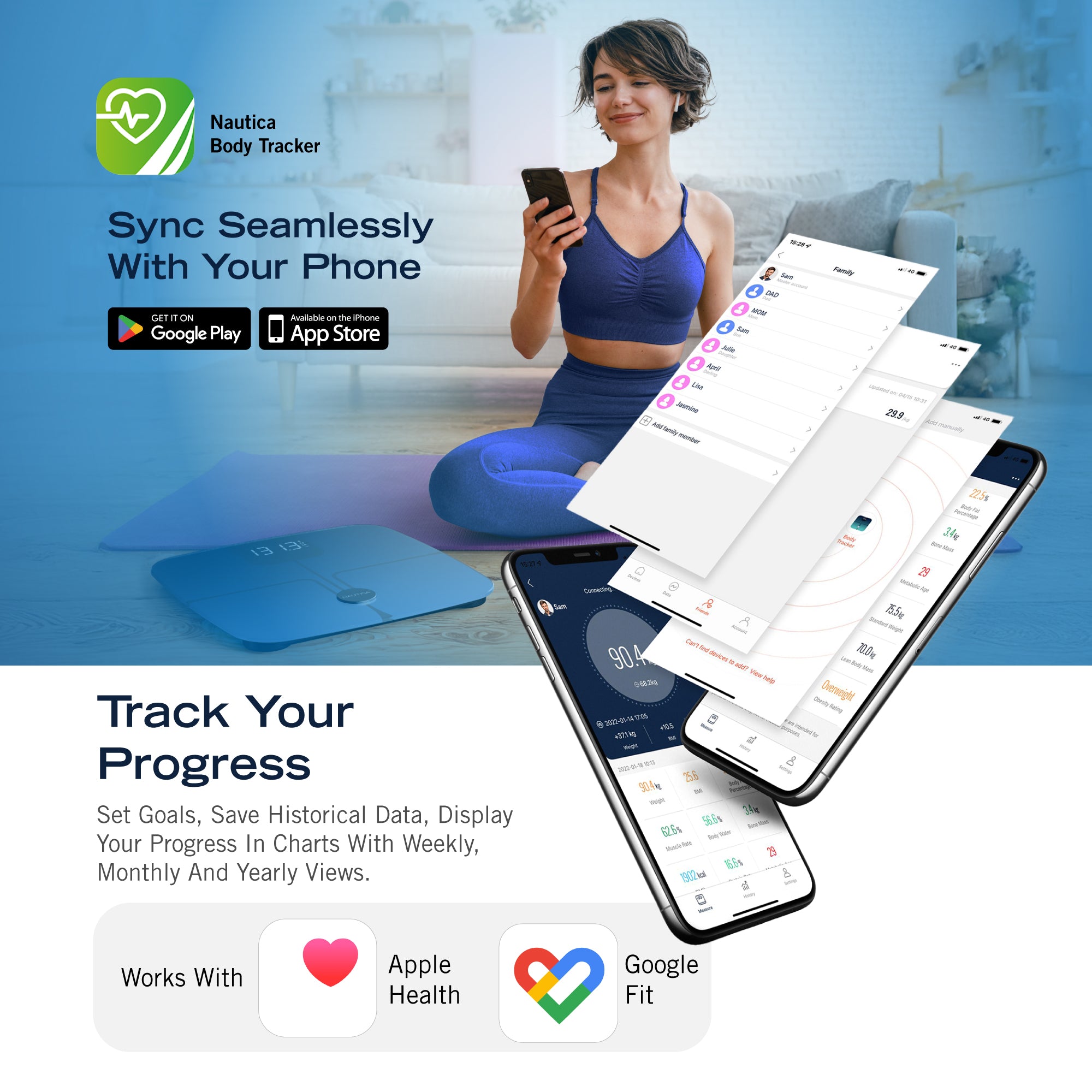 Nautica Body Tracker Plus Digital Scale for Body Weight, Bluetooth-Enabled Smart Scale with BMI, Body Fat, Muscle Mass Tracking & More