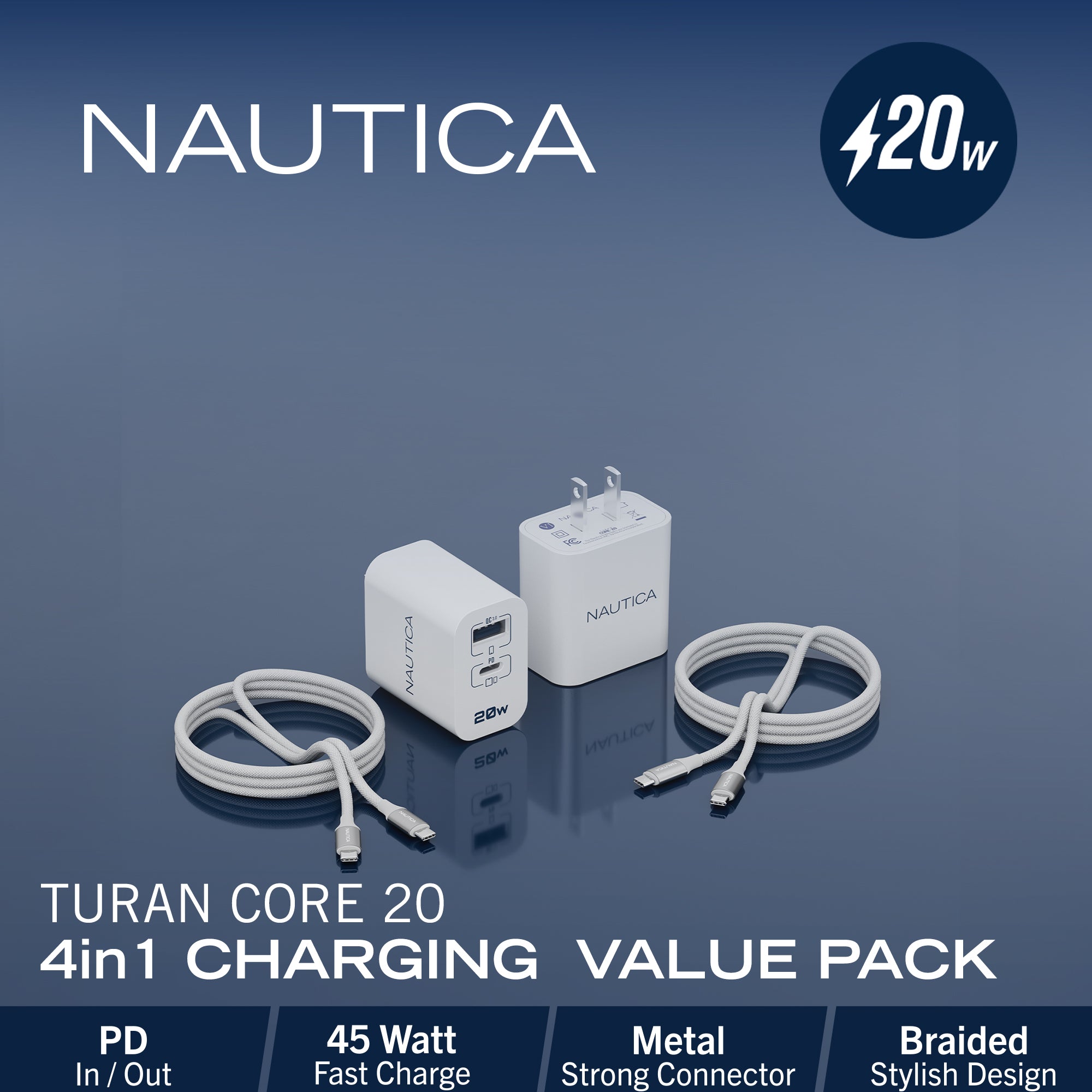 Nautica Turan Core 20 Charging Bundle, 2 Pack 20W USB C Wall Chargers